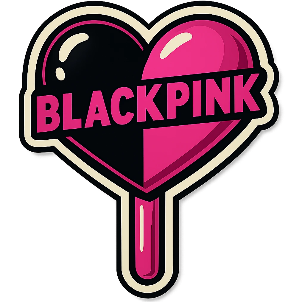 Add a BLACKPINK logo to this retro sticker style heart-shaped lollipop, keeping the playful, bold, and vibrant look. emoji