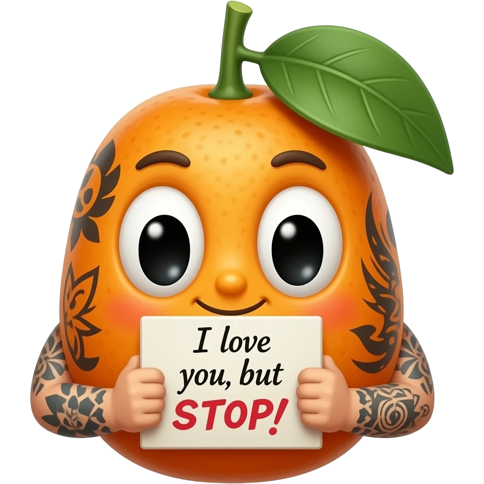 tattooed Kumquat holding sign saying “I love you, but STOP !” emoji
