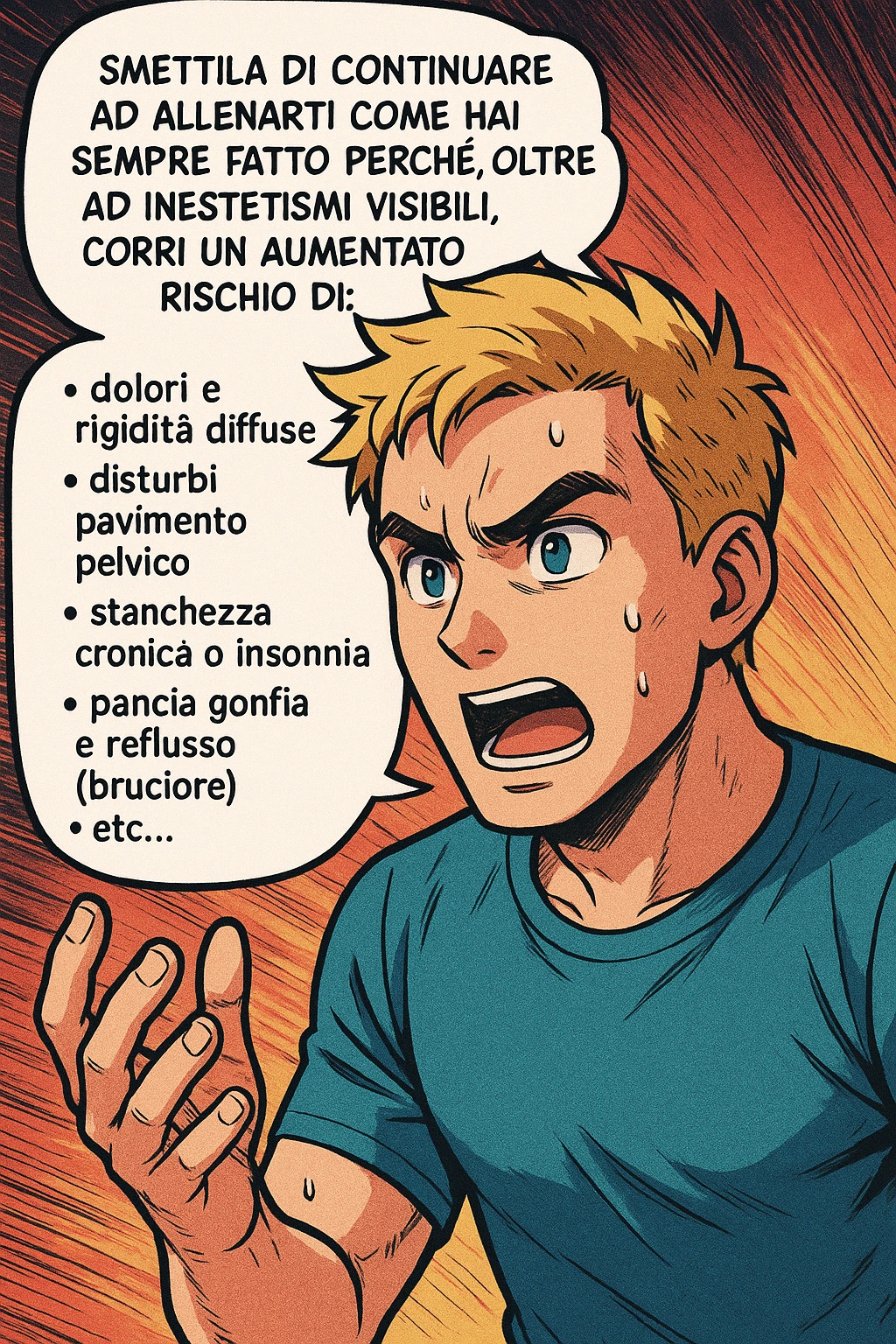 TRASFORMA QUESTO CAROSELLO IN UN FUMETTO STILE MANGA A COLORI CON QUESTE DUE PERSONE IDENTICHE CHE INTERLOQUISCONO TRA LORO:

LUI (UOMO): Smettila di continuare ad allenarti come hai sempre fatto perché, oltre ad inestetismi visibili, corri un aumentato rischio di:
    • dolori e rigidità diffuse
    • disturbi pavimento pelvico
    • stanchezza cronica o insonnia
    • pancia gonfia e reflusso (bruciore)
    • etc… emoji