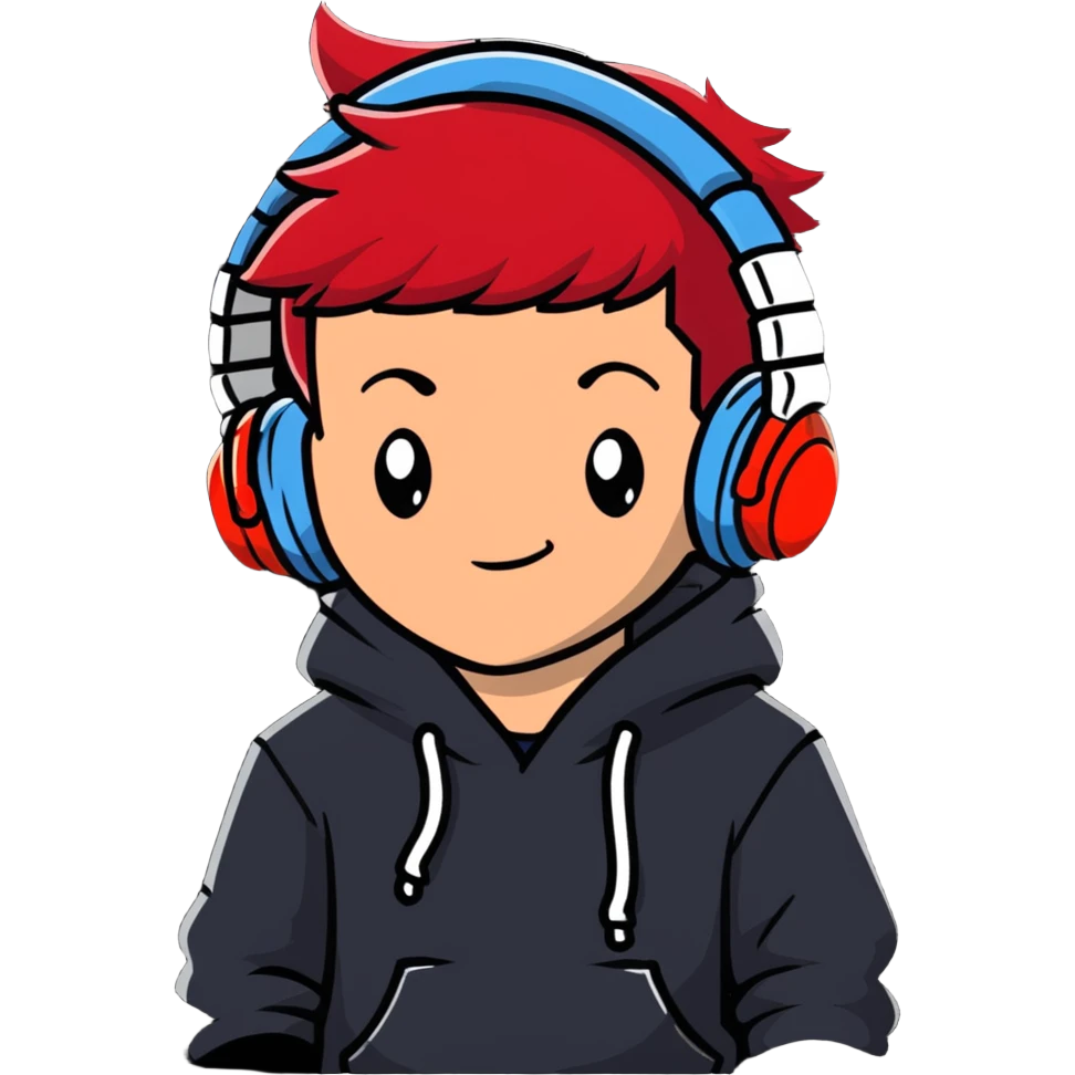 red-haired boy with headphones and a hoodie with 'woojuo' printed on the chest, confident expression, suitable for social media avatar emoji