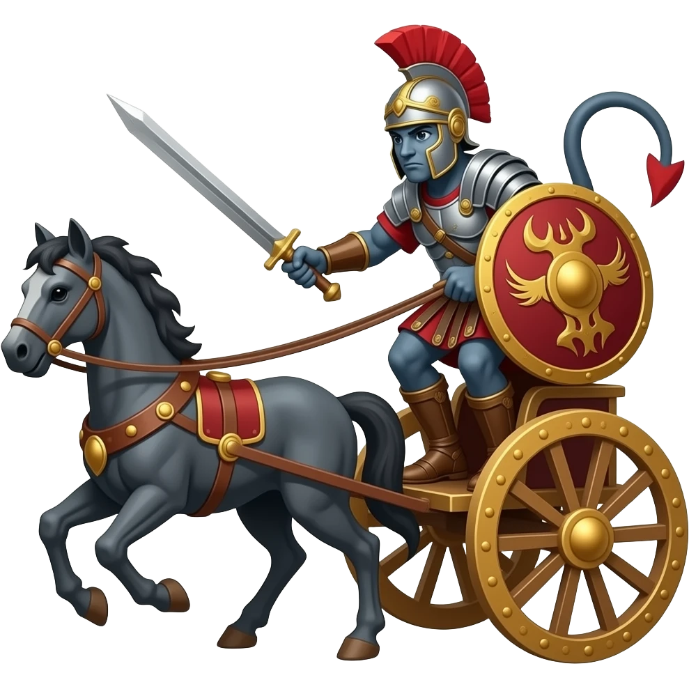 Demon charging into battle driving a roman war chariot text SHEITAN emoji