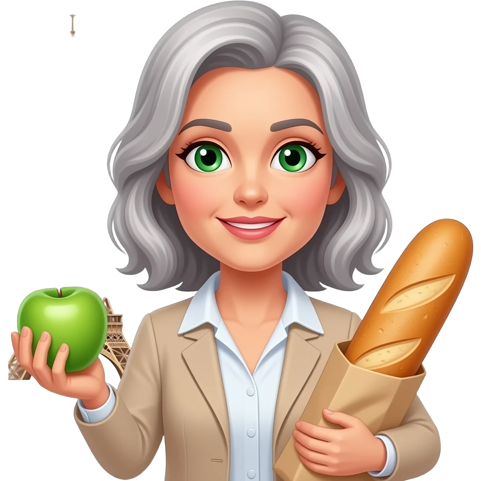 Lady around 45  with Green eyes beautiful grey hair and with Green apple and walking near Eiffel tower with French baguette emoji