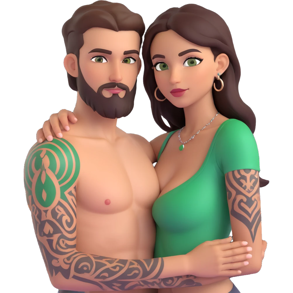 Short Brown eyed Latina woman with pierced nipples, small breasts and tattoos having sex with a tall white man with green eyes and a beard for Christmas grab booty emoji