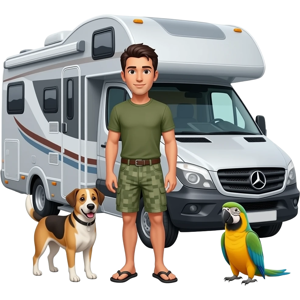 Slim military cut dark haired man in shorts and flip flops standing next to a grey Mercedes road style rv with a dog and parrot emoji emoji