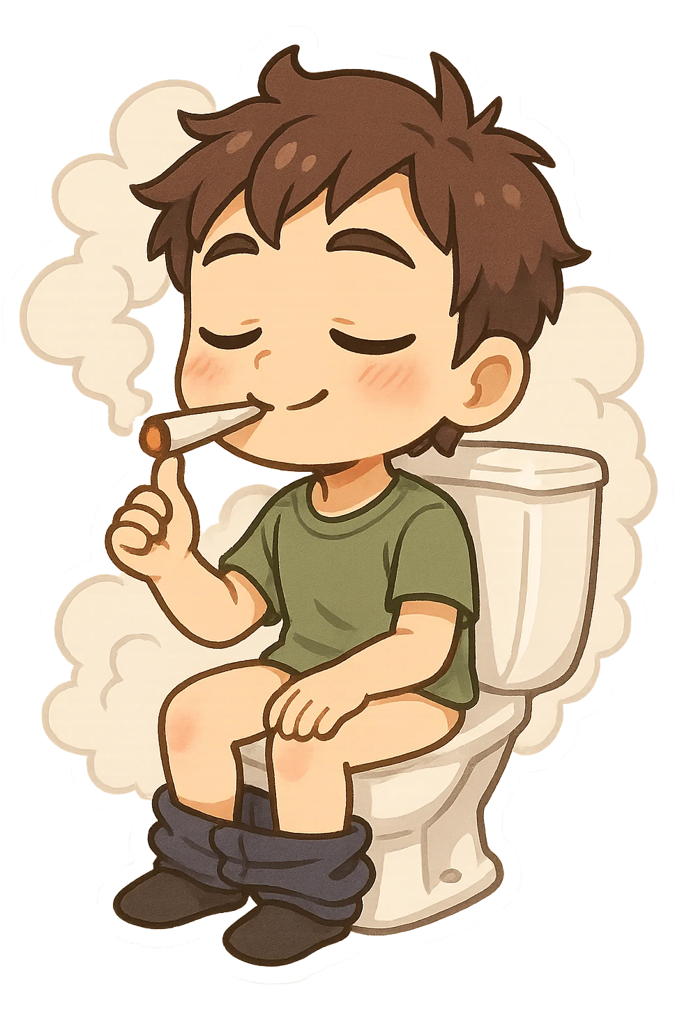 anime style sticker of a guy sitting on a toilet, relaxed, smoking weed, with a cloud of smoke, humorous and lighthearted emoji