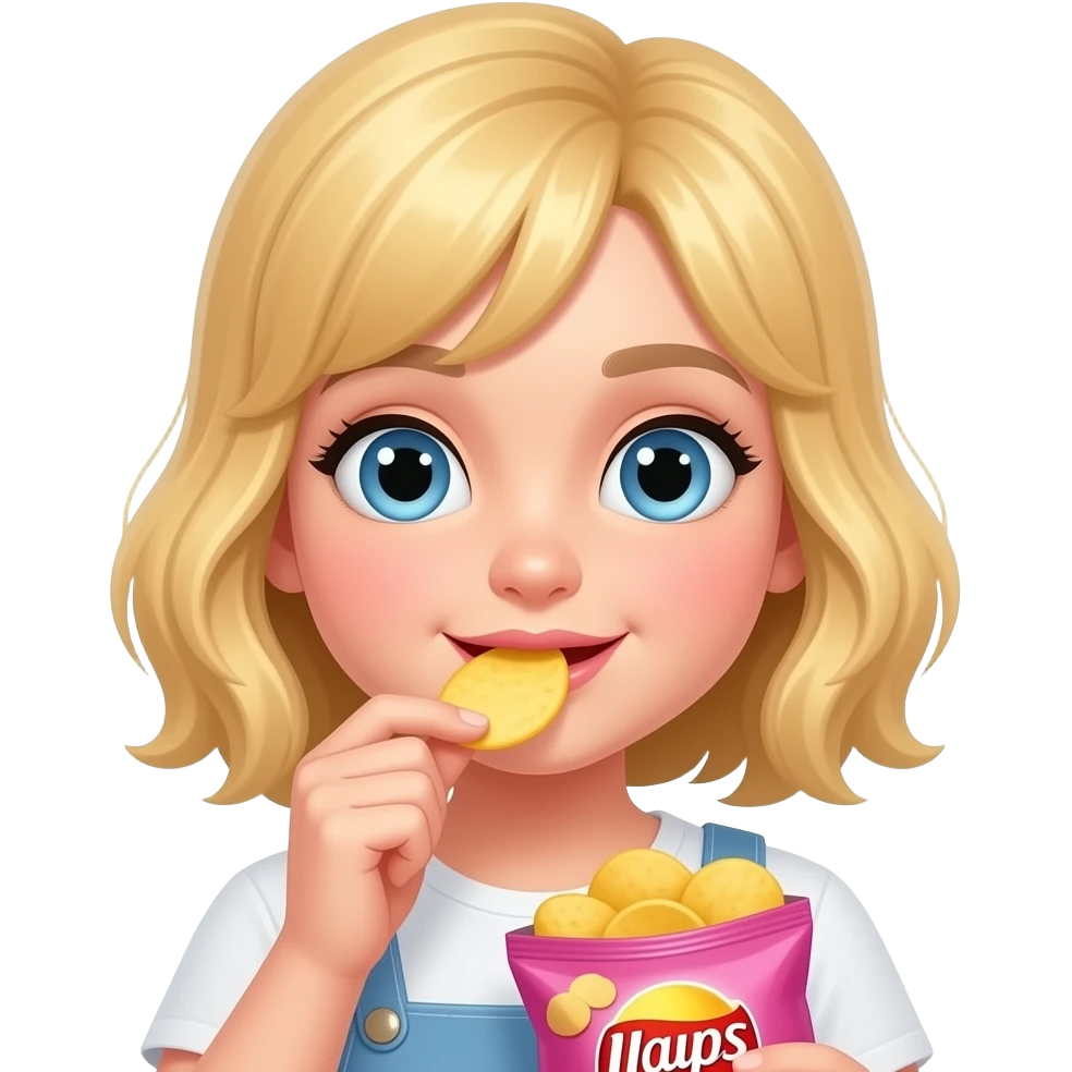 Aesthetic blonde hair and white skinned girl eating from a chips packet which is pink in color but chips are pastel yellow emoji