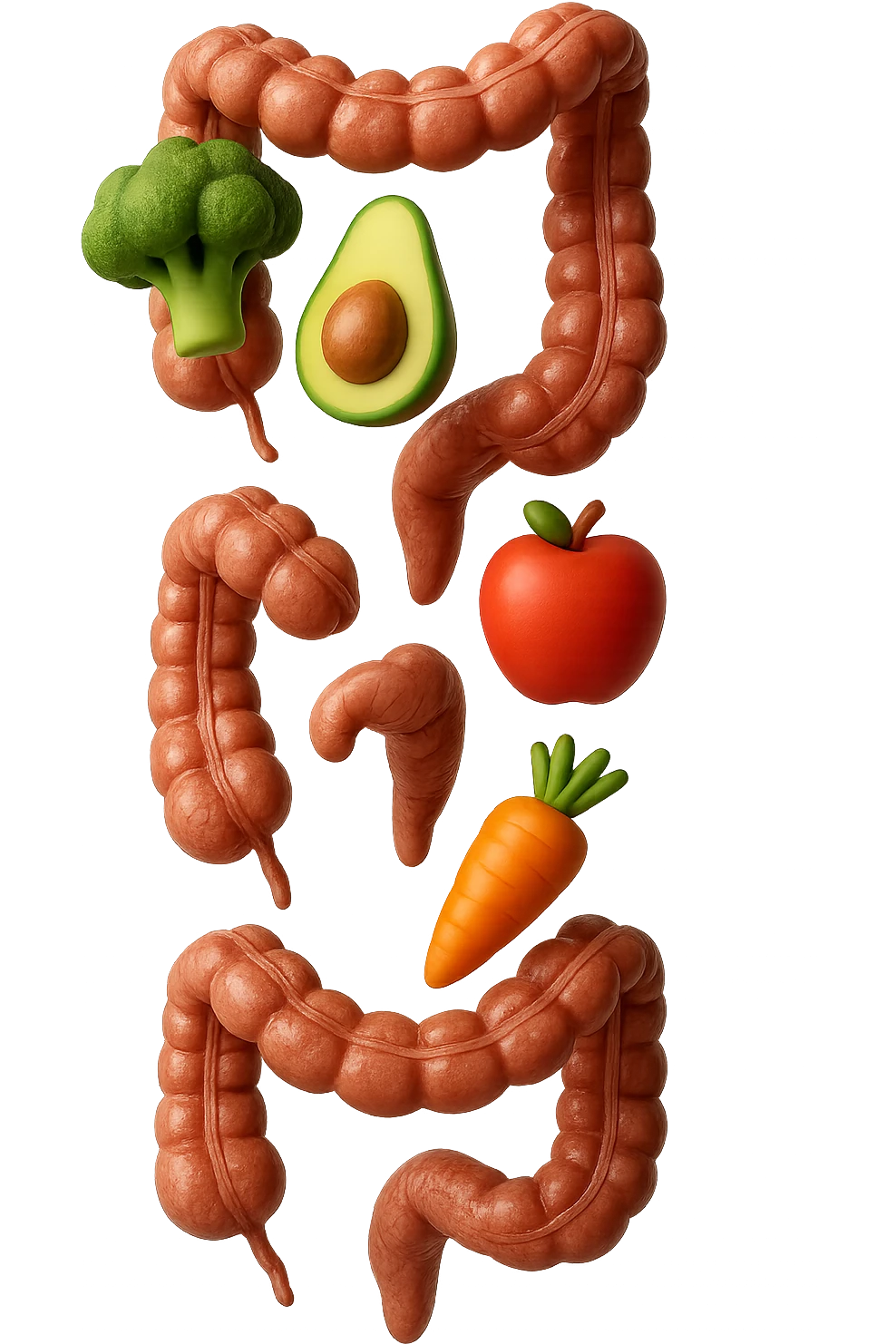 emoji stile iphone in 3d di cibo sano che fluttua in aria vericalmente insieme ùa pezzi di colon umano anatomico, iperrealistico 4k emoji