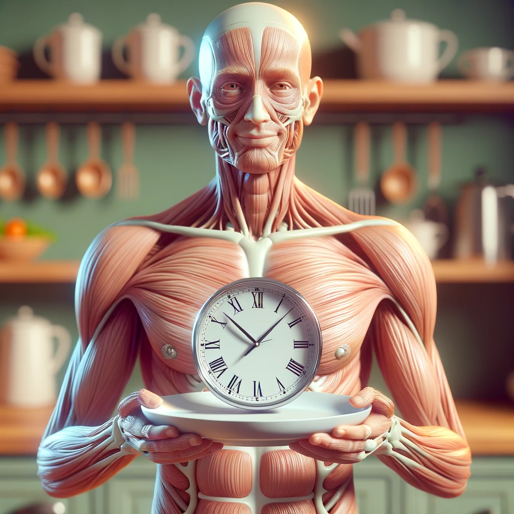 corpo umano anatomico, che tiene in mano un piatto bianco con la lancette di un orologio sopra, figura visibile fino ai fianchi, espressione del volto soddisfatta, sullo sfondo la sua cucina sfocata, iperrealistico 4k emoji
