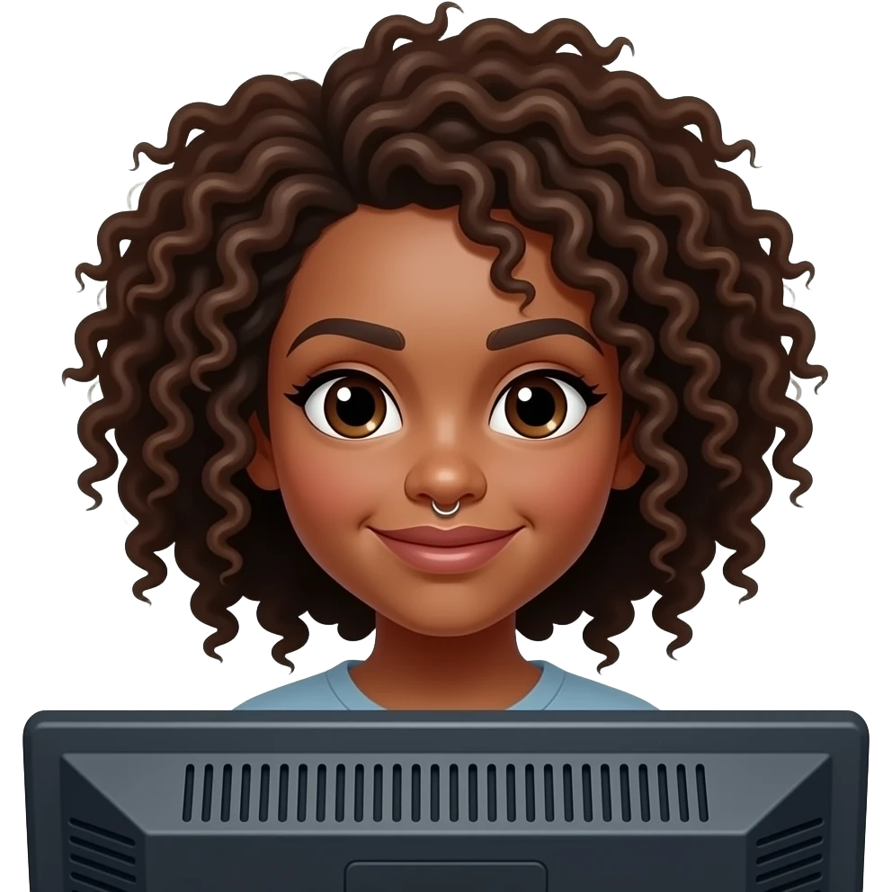 light-skinned black girl with curly brown hair with a nose percing coding in a pc emoji