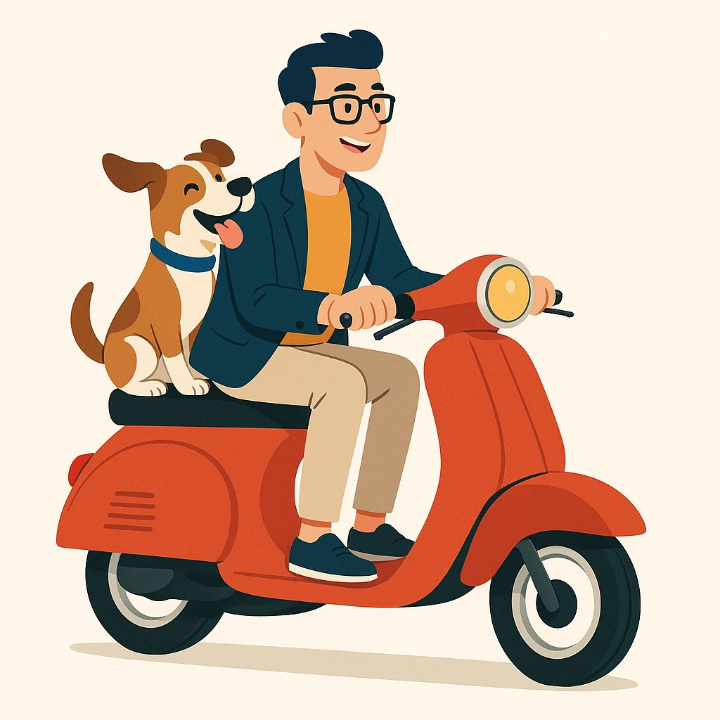 vector art of a man and his pet dog riding a vespa, for website design emoji
