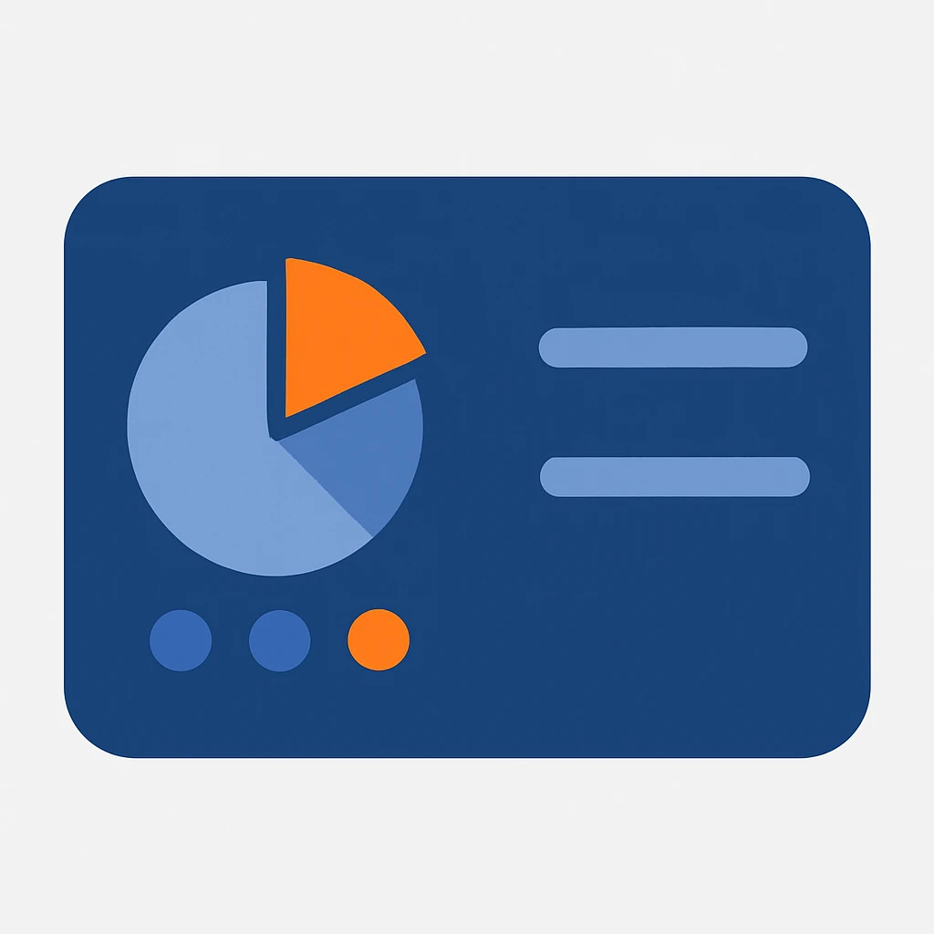 Re-create a control panel icon with a blue rounded rectangle base. Include a pie chart with mostly blue slices and a small orange slice. Add three small accent dots, mostly blue with one orange. On the right side, place two blue horizontal lines. Use minimal non-blue colors, flat modern look, transparent background. emoji