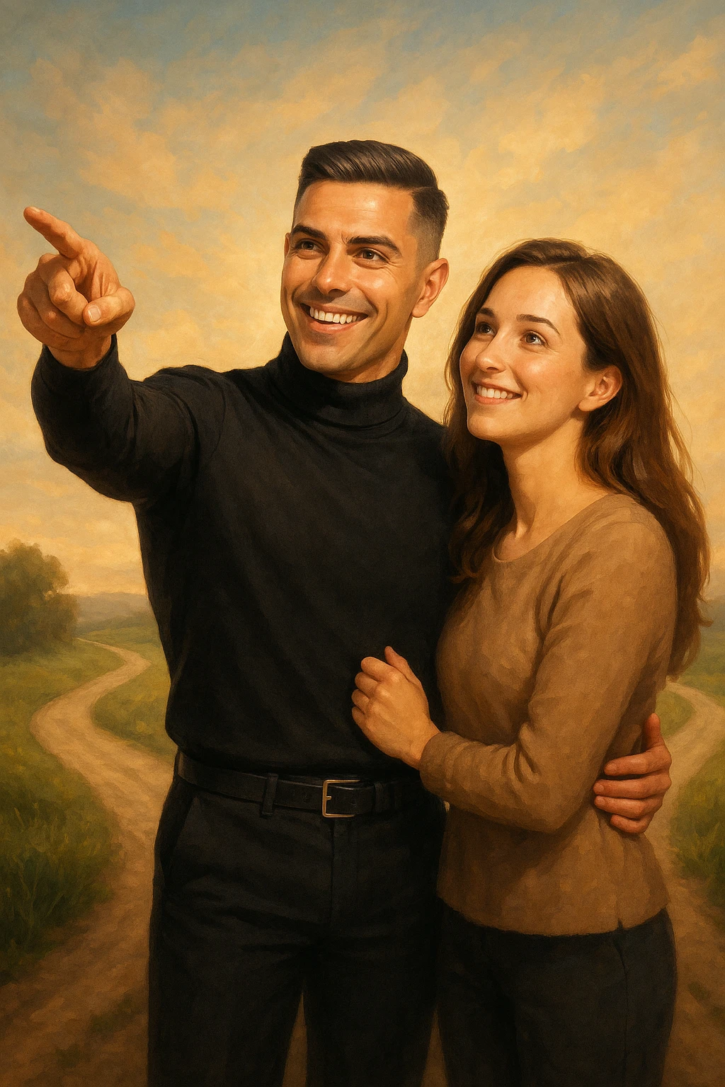 a couple stands at a crossroads, the man pointing confidently toward a direction while the woman looks at him with trust and optimism. Both are illuminated by soft, uplifting light, representing faith in each other’s strengths and the positive outcomes of working together. emoji