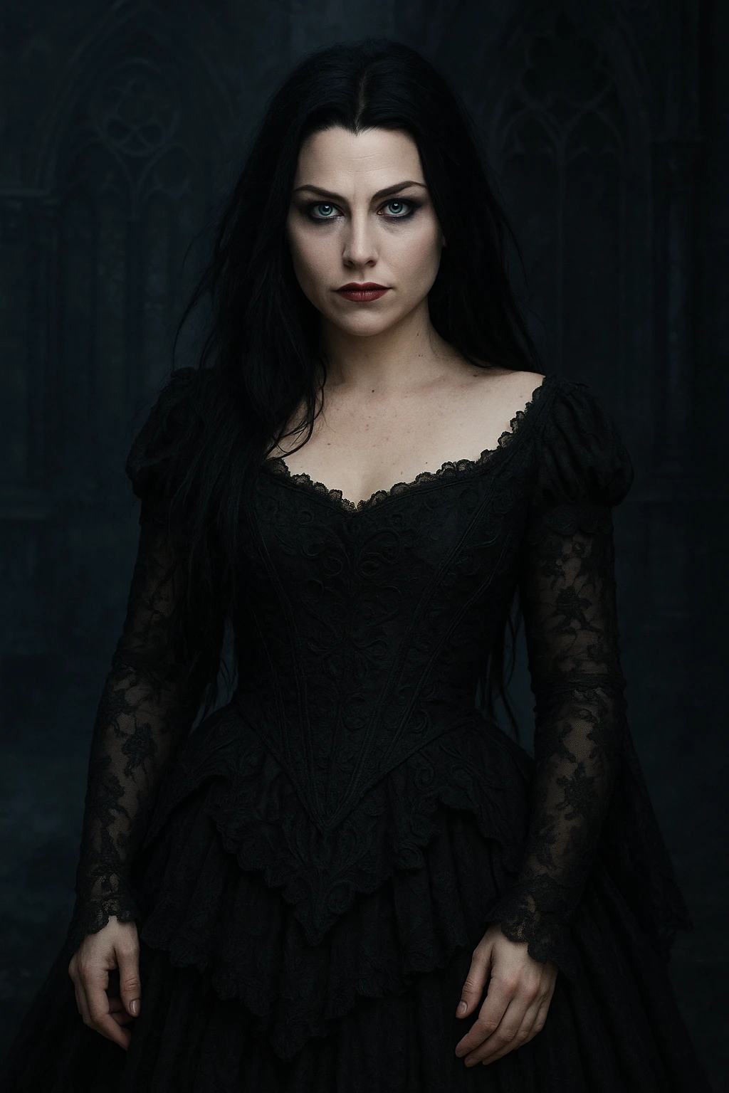 Amy Lee, lead singer of Evanescence, in a dramatic gothic style, long dark hair, striking blue eyes, wearing a black dress, moody atmosphere emoji