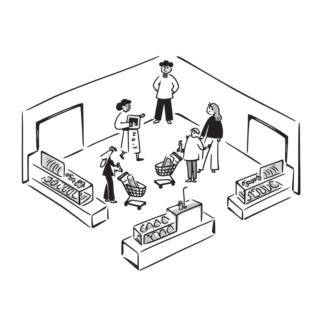 Isometric view of a supermarket interior with grocery aisles, shoppers, and cash registers emoji