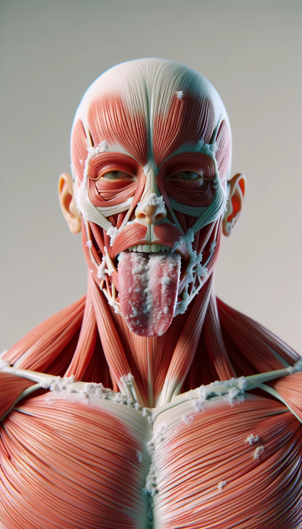 CORPO UMANO ANATOMICO IN PIEDI FRONTALMENTE CHE TIENE LA LINGUA UN PO' FUORI ED è PIENA DI MACCHIE BIANCASTRE, NEUTRAL CLEAR BACKGROUND, COLORI REALISTICI DEI MUSCOLI, iperrealistico 4k emoji