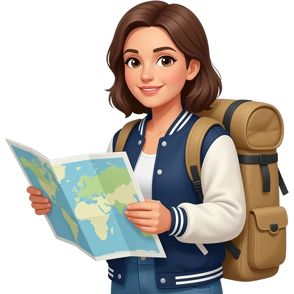 travler and map. she wearing a navy varsity jacket. emoji