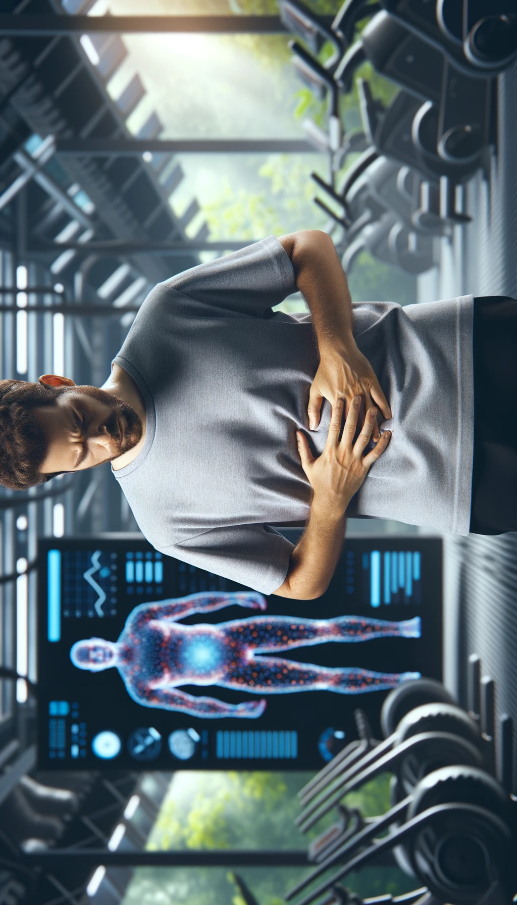 UOMO IN PALESTRA LEGGERMENTE SOVRAPPESO, SI TOCCA LA PANCIA CON ESPRESSIONE DISPIACIUTA IN VOLTO, iperrealistico 4k emoji