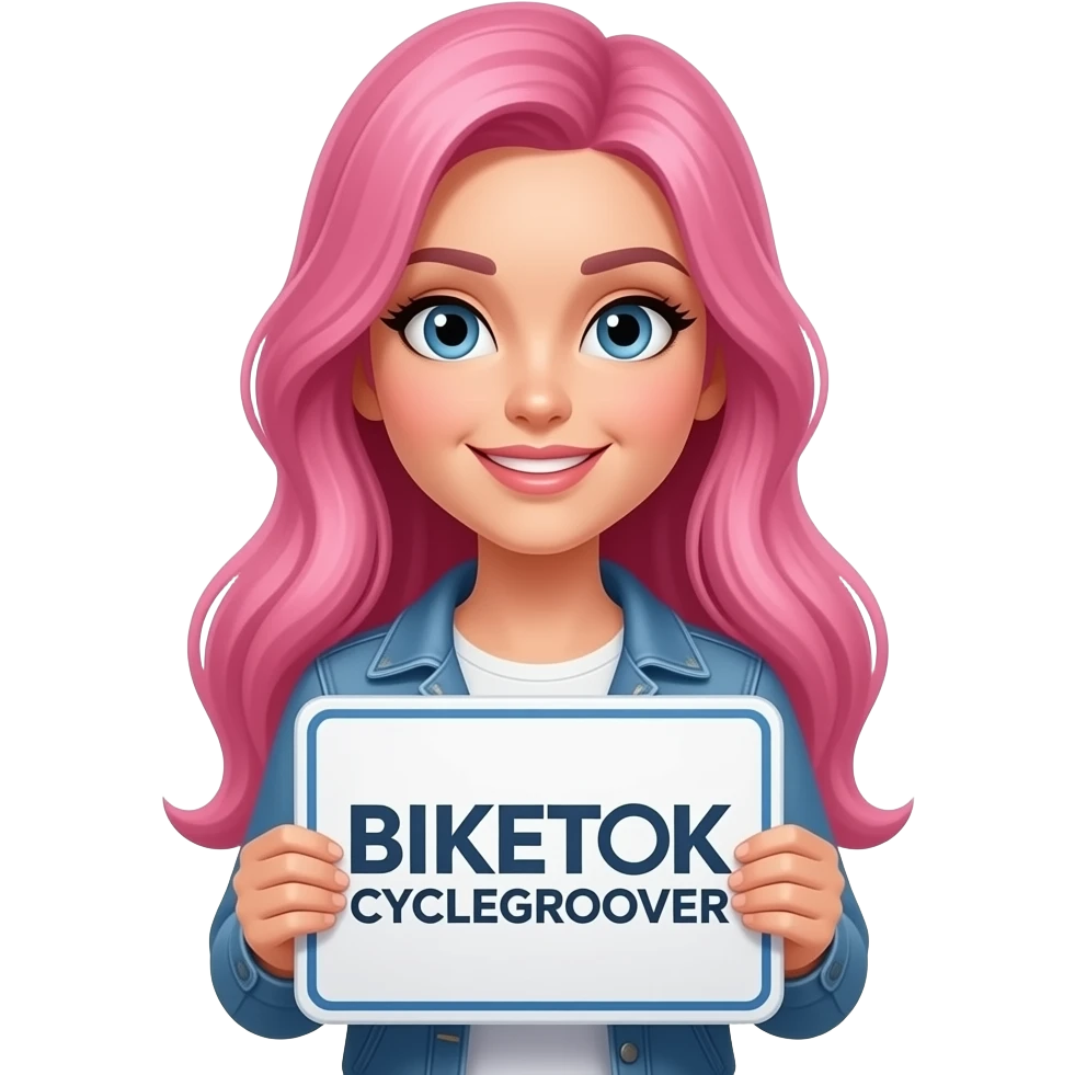 sexy girl with long pink hair holding a BIKETOK CYCLEGROOVER sign emoji