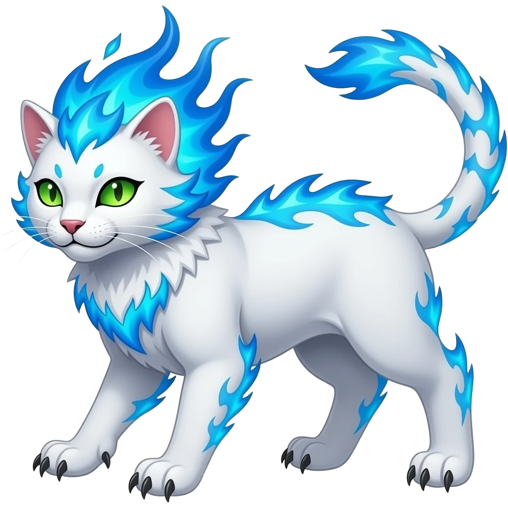 A sleek white feline with a mane of living blue fire, long claws, blue lava spikes on its back, and green eyes that glow in darkness. It is proud, fast, and fiercely territorial. emoji