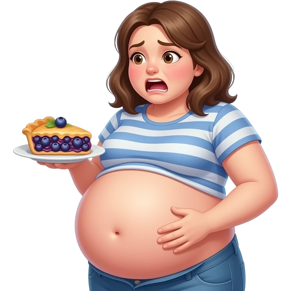 Girl got hugely fat after eating a magical inflation blueberry pie,then her giant stomach groans saying I am so full,some soft tickles for that cute bellybutton. emoji