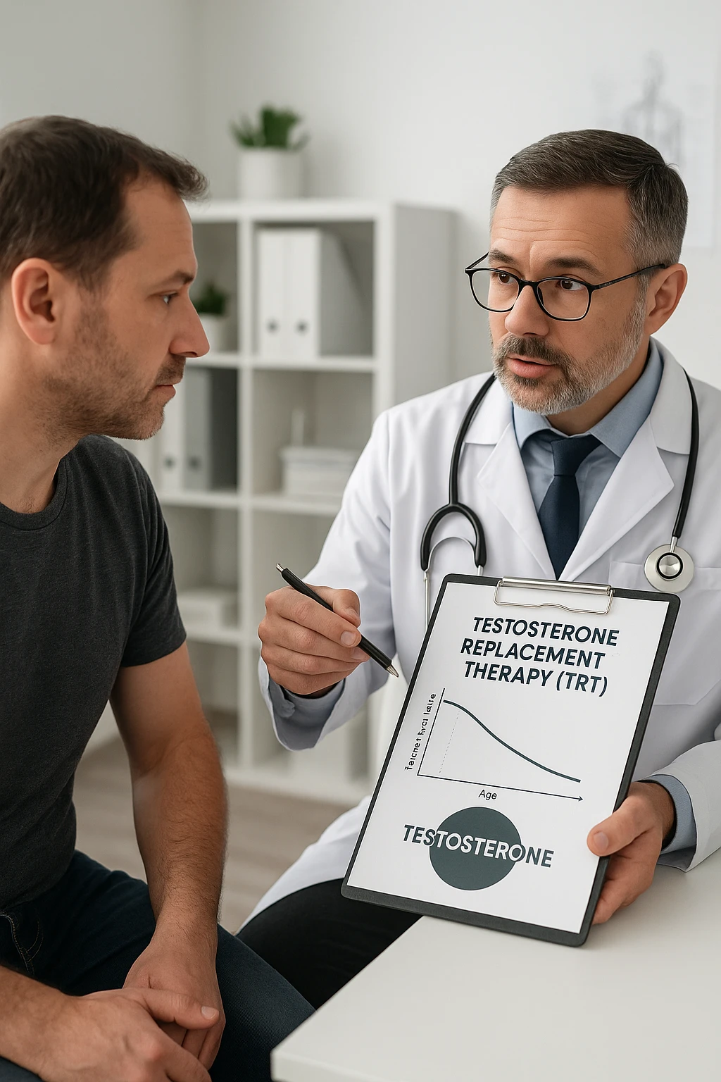 a man in his 40s sits in a doctor’s office, listening attentively as a physician explains TRT (Testosterone Replacement Therapy). The doctor holds a prescription pad and points to an educational chart showing testosterone levels. The mood is professional and informative, with a clean, clinical background. in italiano emoji