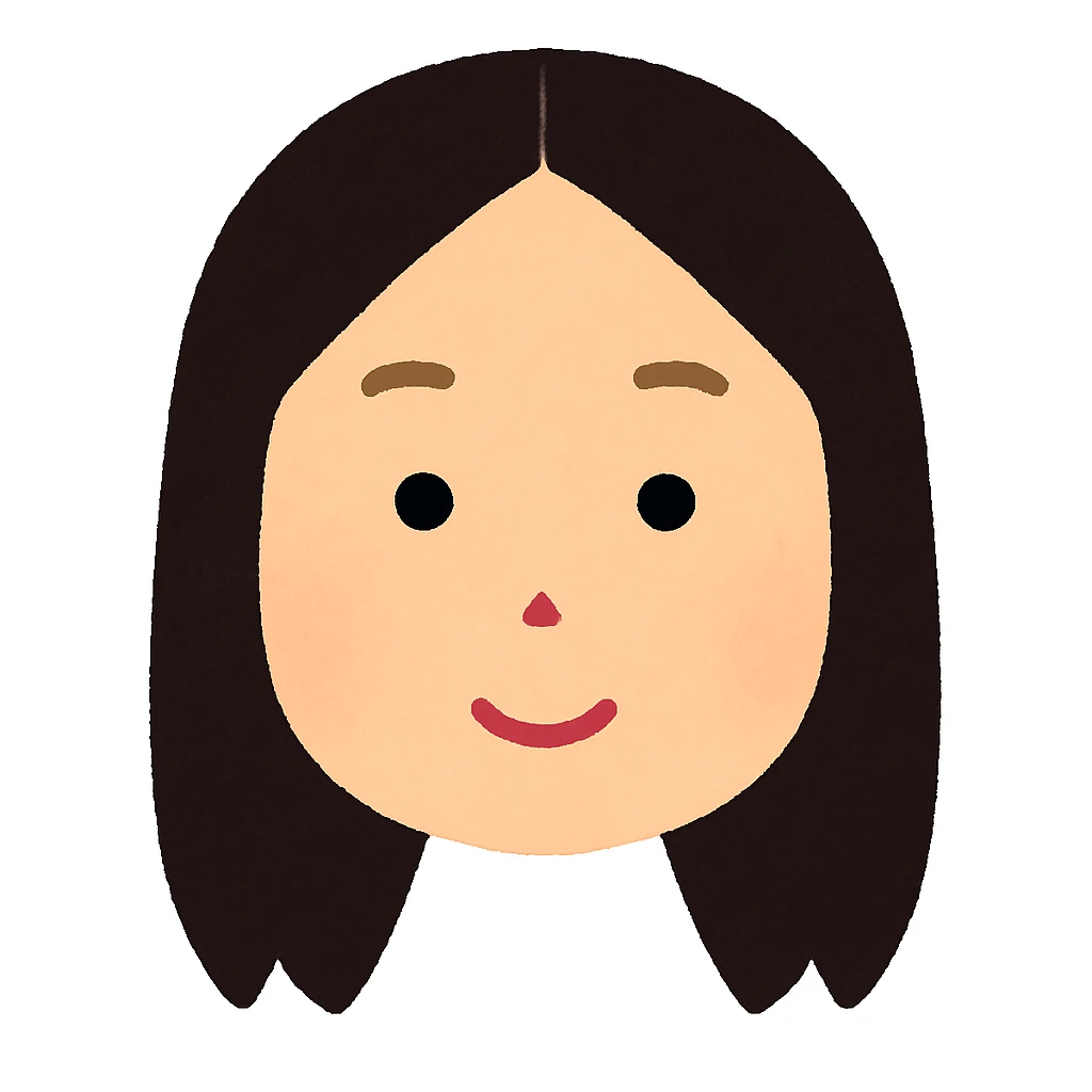 Remove the neck completely, show only the face with straight hair split in the middle, in Irasutoya style illustration. Focus on the face and hair only, no neck visible. emoji