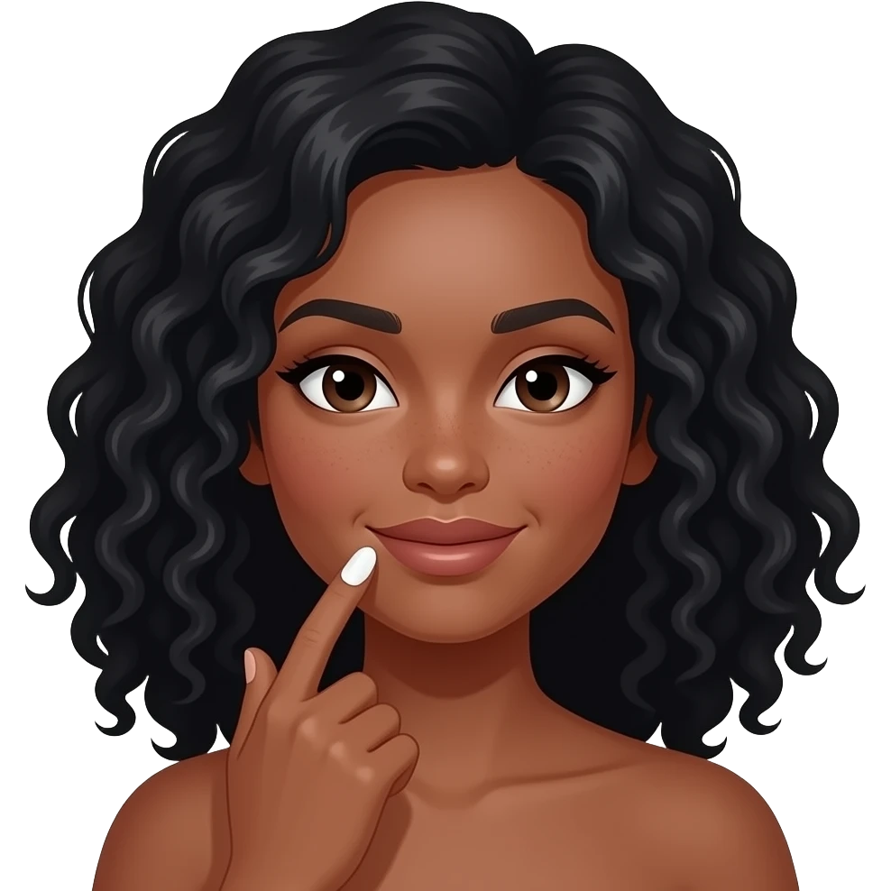 Medium dark skinned woman with black curly shoulder-length hair spreading cream above her mouth with her finger. emoji