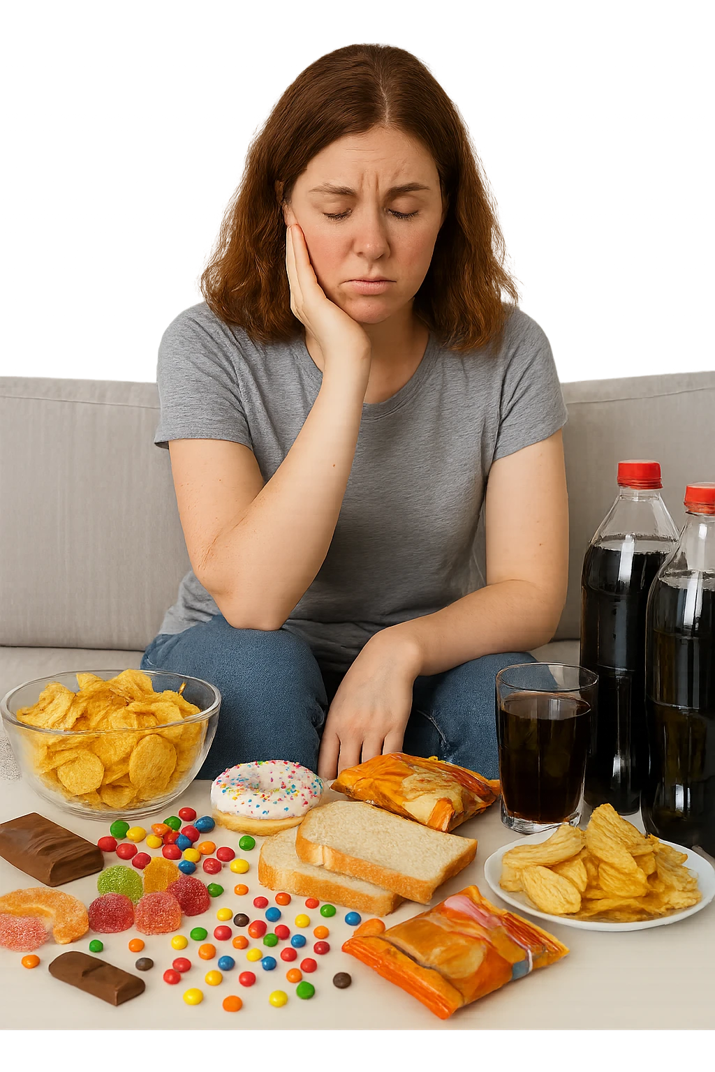 Donna tra i 25 e i 35 anni seduta sul divano o a un tavolo disordinato, circondata da cibi sparsi e poco sani: patatine, dolci, pane bianco, snack confezionati, bibite. con infiammazione e squilibri ormonali emoji
