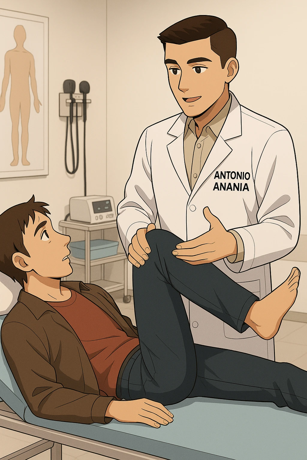 fai un webtoon manga a colori con questo stile, in cui un uomo è steso sul lettino medico e il kinesiologo con il camice bianco (fagli anche la scritta "ANTONIO ANANIA" SUL CAMICE, gli solleva una gamba per fargli il test neuromuscolare, IL KINESIOLOGO SPIEGA ALL'UOMO UNA cosa mentre gli alza la gamba. non fare i fumetti però, fai solo in modo che sembri stiano parlando, il lettino fai in modo che si veda tutto intero emoji
