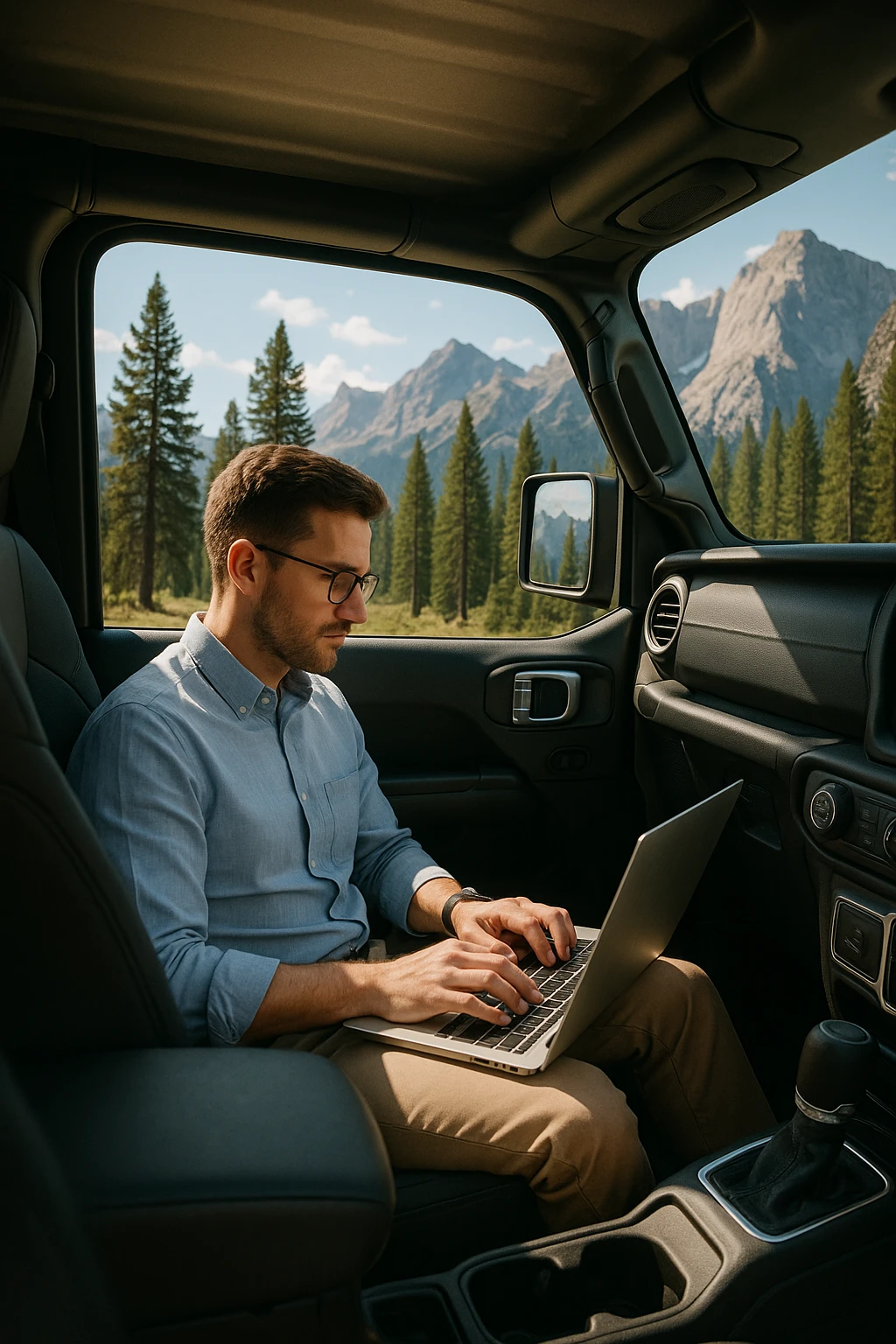 A person in business casual attire typing on a laptop in the back seat of a jeep, surrounded by mountain scenery, symbolizing remote work during a vacation. emoji