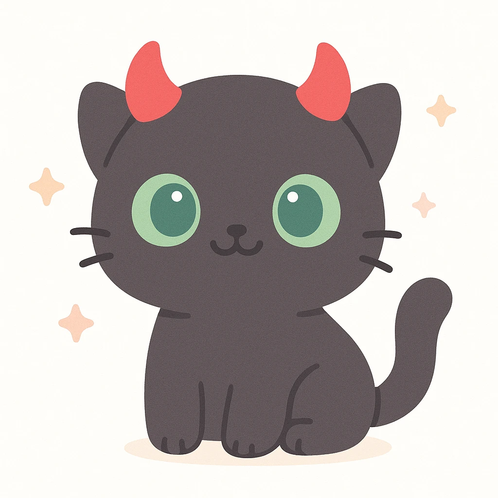 black cat with green eyes and demon horns, cute cartoon style emoji