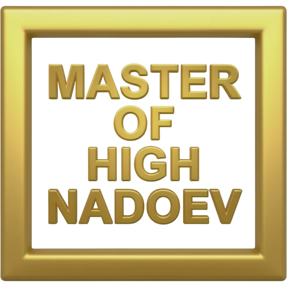 Distinct polished gold frame. Center has clear, bold, all-caps golden Russian text: 'МАСТЕР ВЫСОКИХ НАДОЕВ'. Text is prominent, filling the space. Glossy finish, crisp edges. Studio lighting, bright colors, friendly but serious, white background. emoji