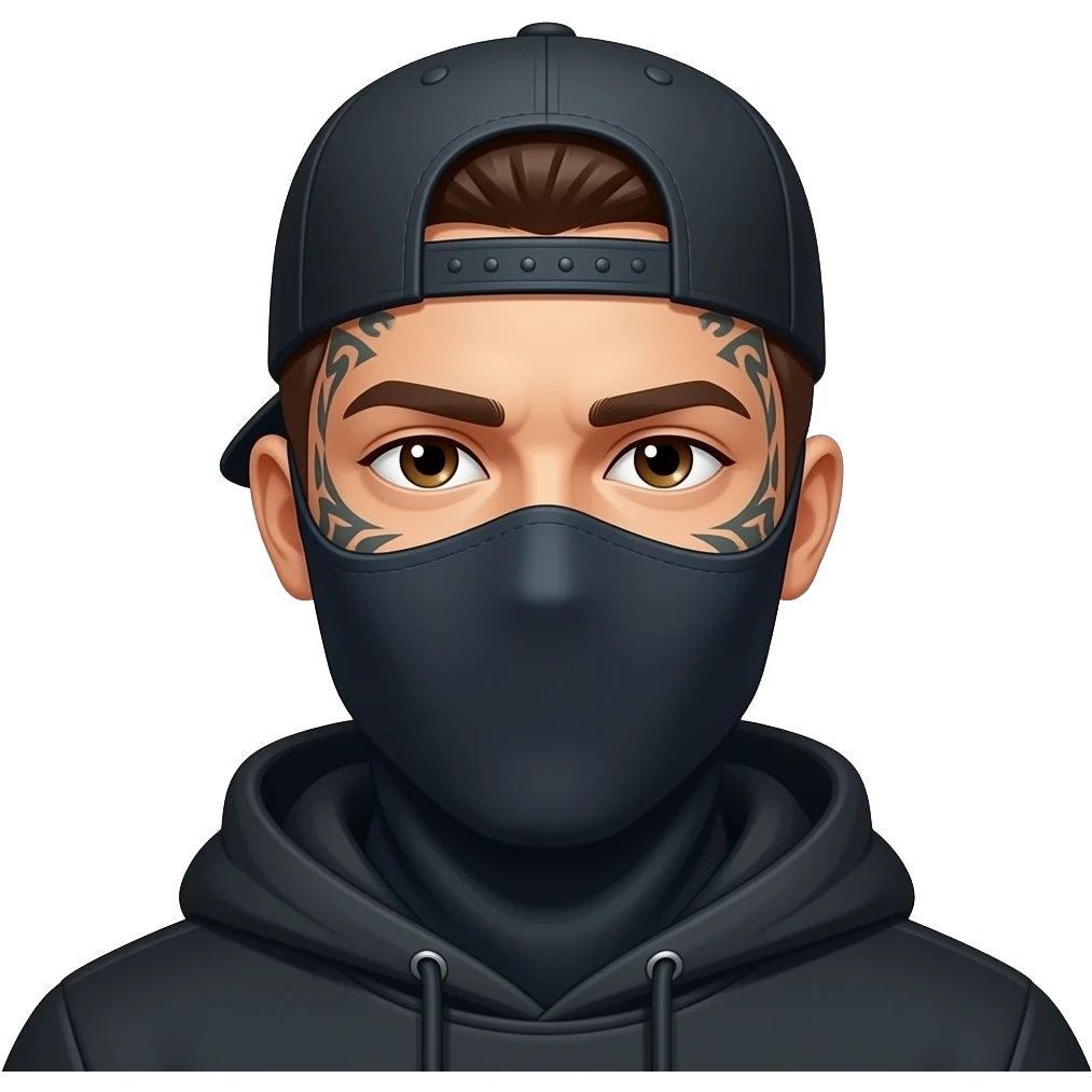 Una emoji que tenga en la cara tatuajes y un pasamontañas y una cachucha hacia atrás emoji