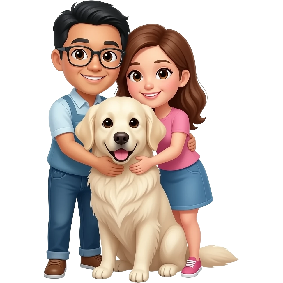 asian men and white woman with brown hair brown eye hug with white golden retriever emoji