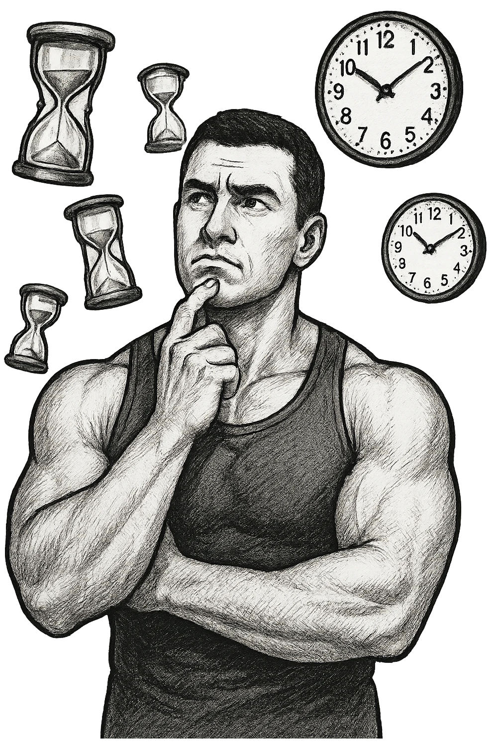 bodybuilder pensieroso che si tiene l'indice sul mento, alle sue spalle fluttuano clessidre e orologi da muro emoji