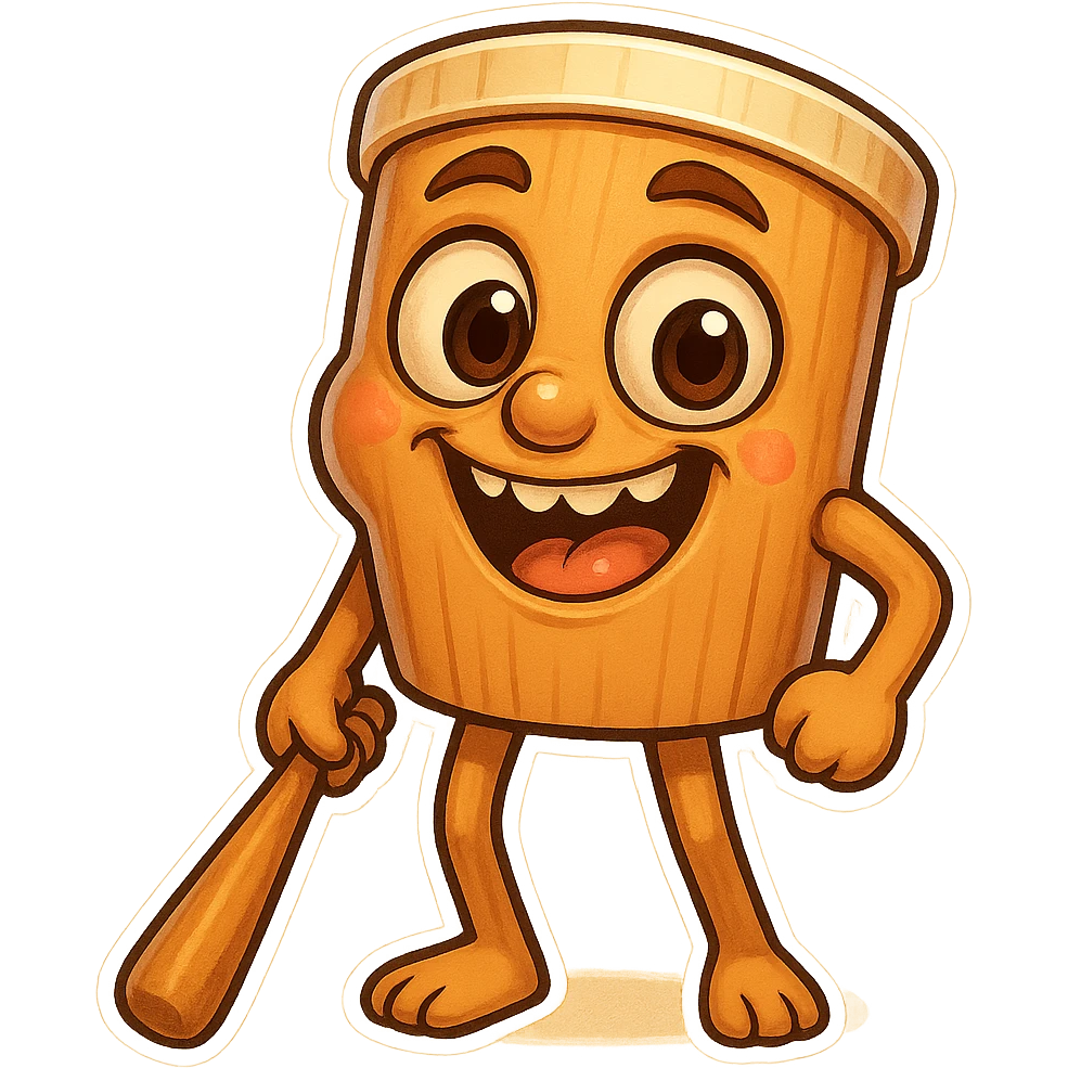  image of absurd wooden stick-man creature, drum-like cylindrical body, holding baseball bat, cartoon style, bright vivid colors, expressive face, dynamic pose, a bit creepy yet funny,  emoji