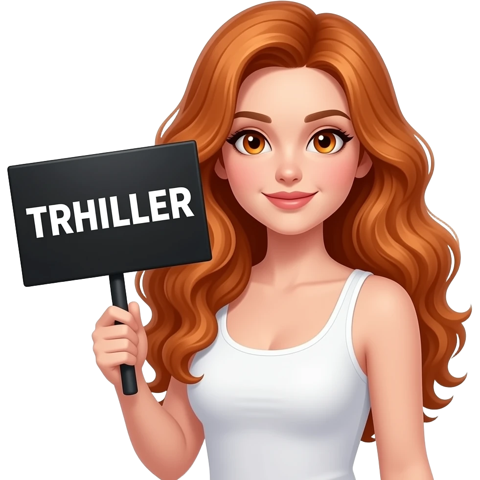 sexy girl with long wavy ginger hair and ginger eyes wearing a white tanktop is holding a black colored sign with TRHILLER written on it emoji