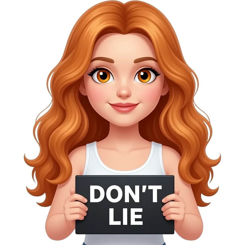 sexy girl with long wavy ginger hair and ginger eyes wearing a white tanktop is holding a black colored sign with DON'T LIE written on it emoji
