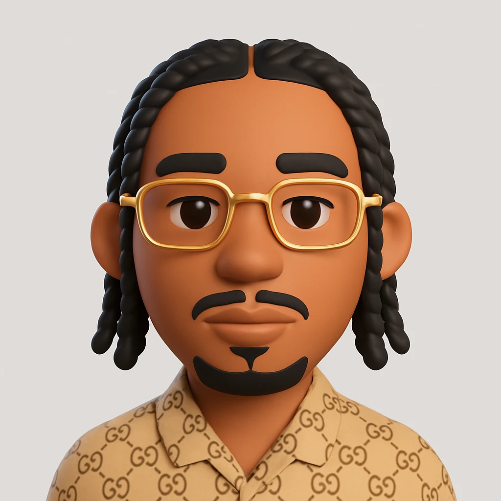 Create a 3D Microsoft Fluent style emoji faithfully representing the person in the photo. Features: oval face, light brown skin, brown eyes, black braided hair, thin beard, rectangular golden glasses, neutral expression, luxury beige patterned clothing. Preserve all distinctive traits and visible accessories. The style should emulate Microsoft Fluent 3D emoji style. emoji