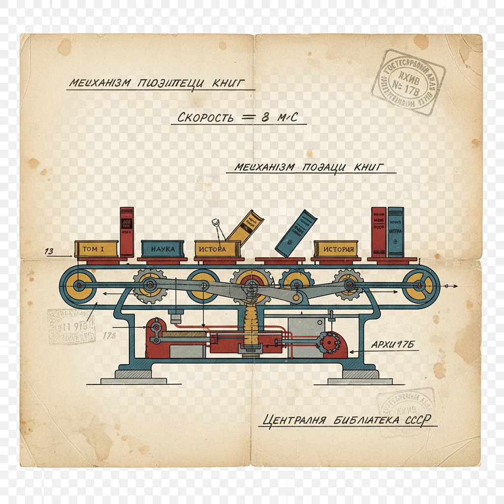 Книги едут по специальной механизированной ленте в библиотеке СССР 1920-е годы

Стиль - архивные цветные чертежи и документы

Прозрачный фон emoji
