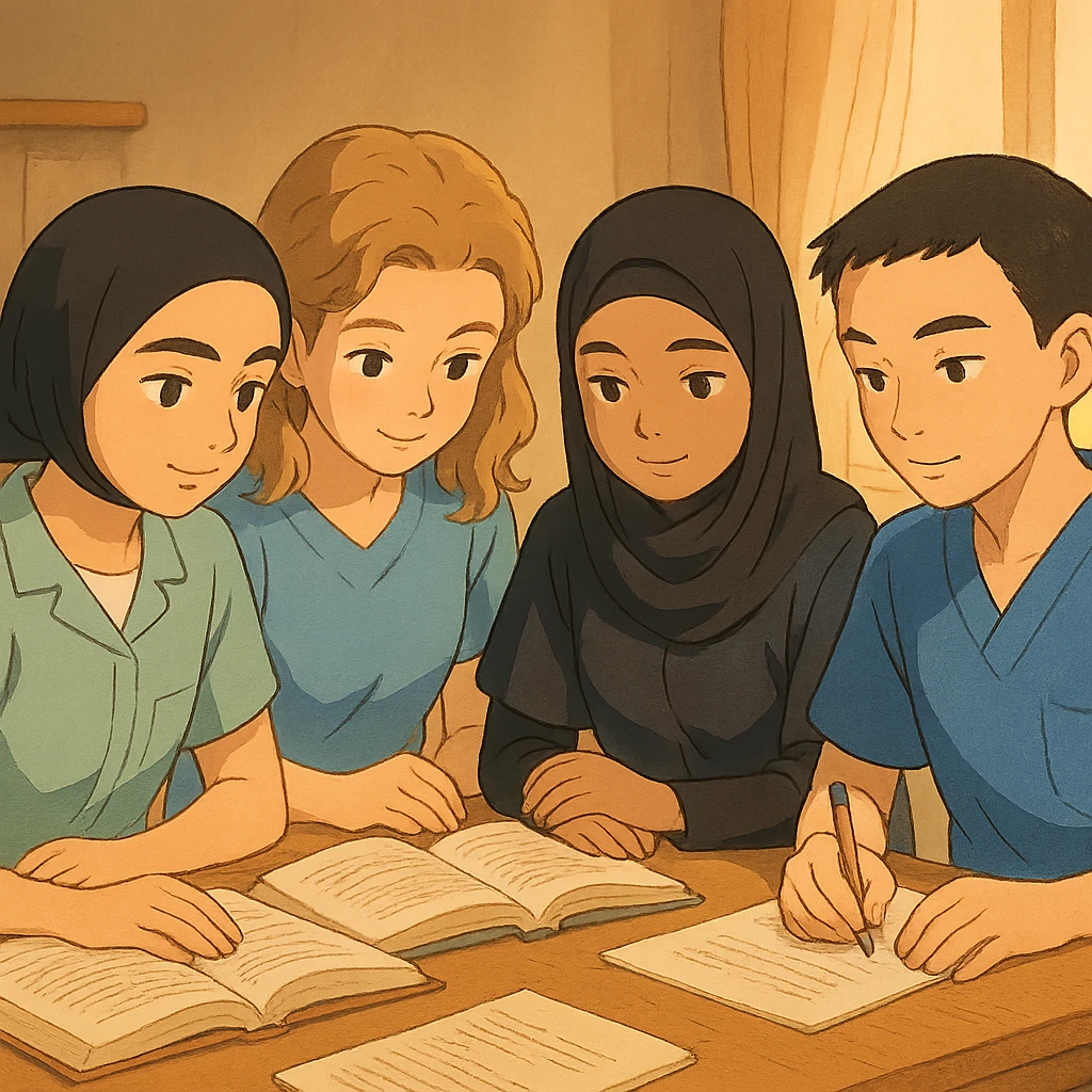 Illustration Ghibli of four nursing students working together, wearing short-sleeved outfits without stethoscopes, inspired by the four provided faces, studious and gentle atmosphere, version 3 emoji