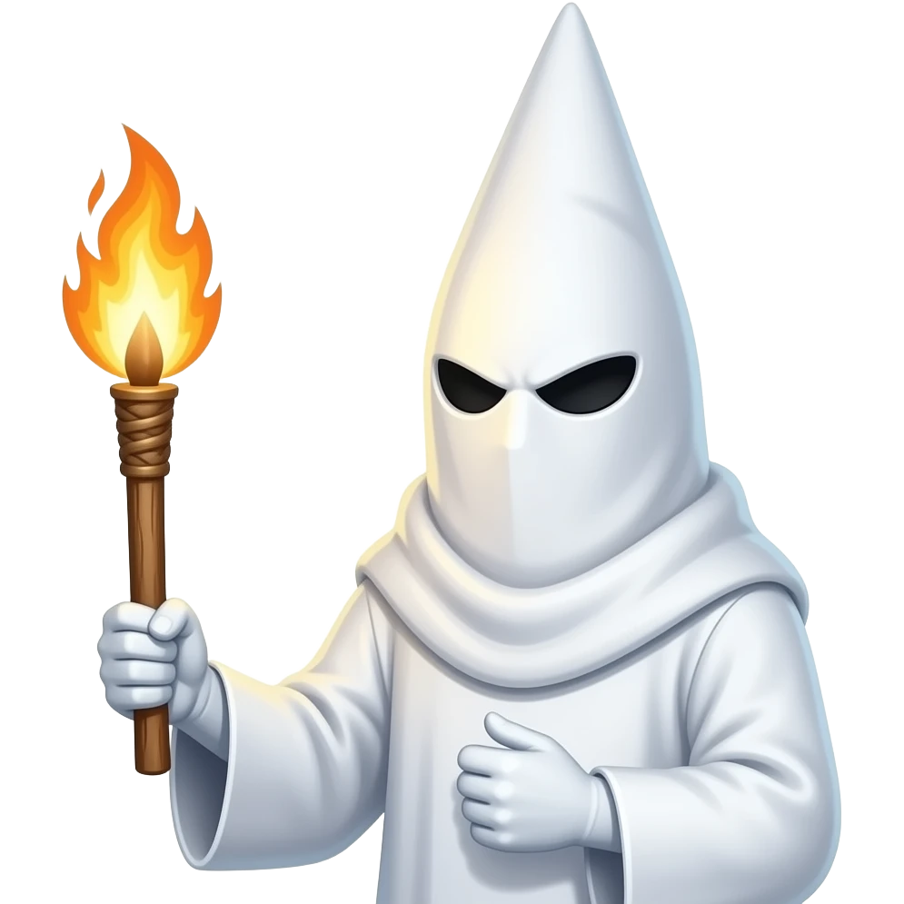 A KKK member holding a torch wearing a pointy white hood and a white robe with white skin color emoji