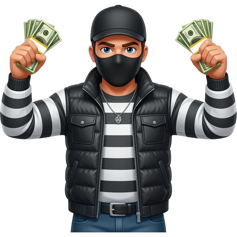 a white robber flexing all his money an throwing up gang signs emoji