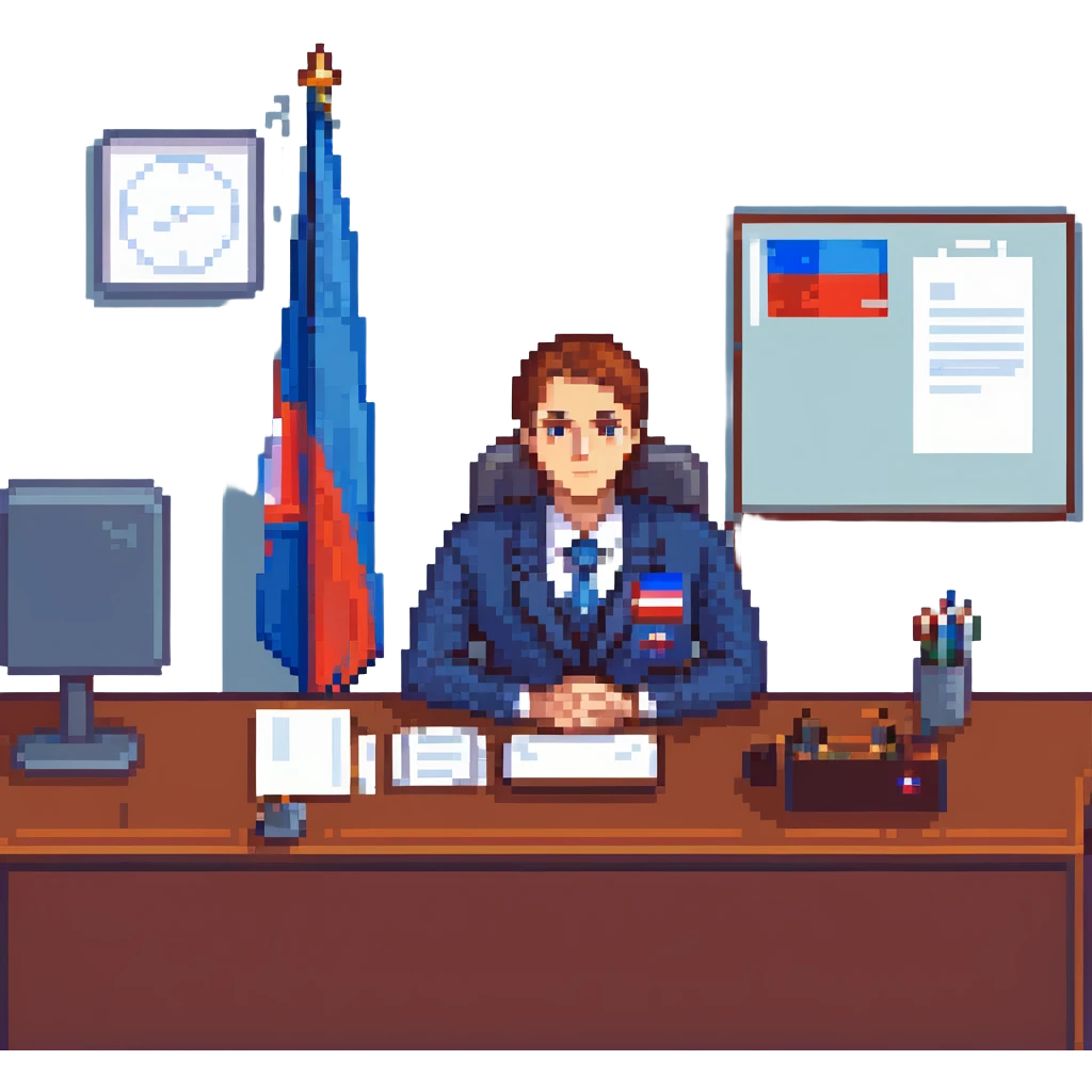 Russian Ministry of Finance employee dealing with sanctions, detailed, professional attire, serious expression, office setting, Russian flag elements subtly included, blue color scheme emoji