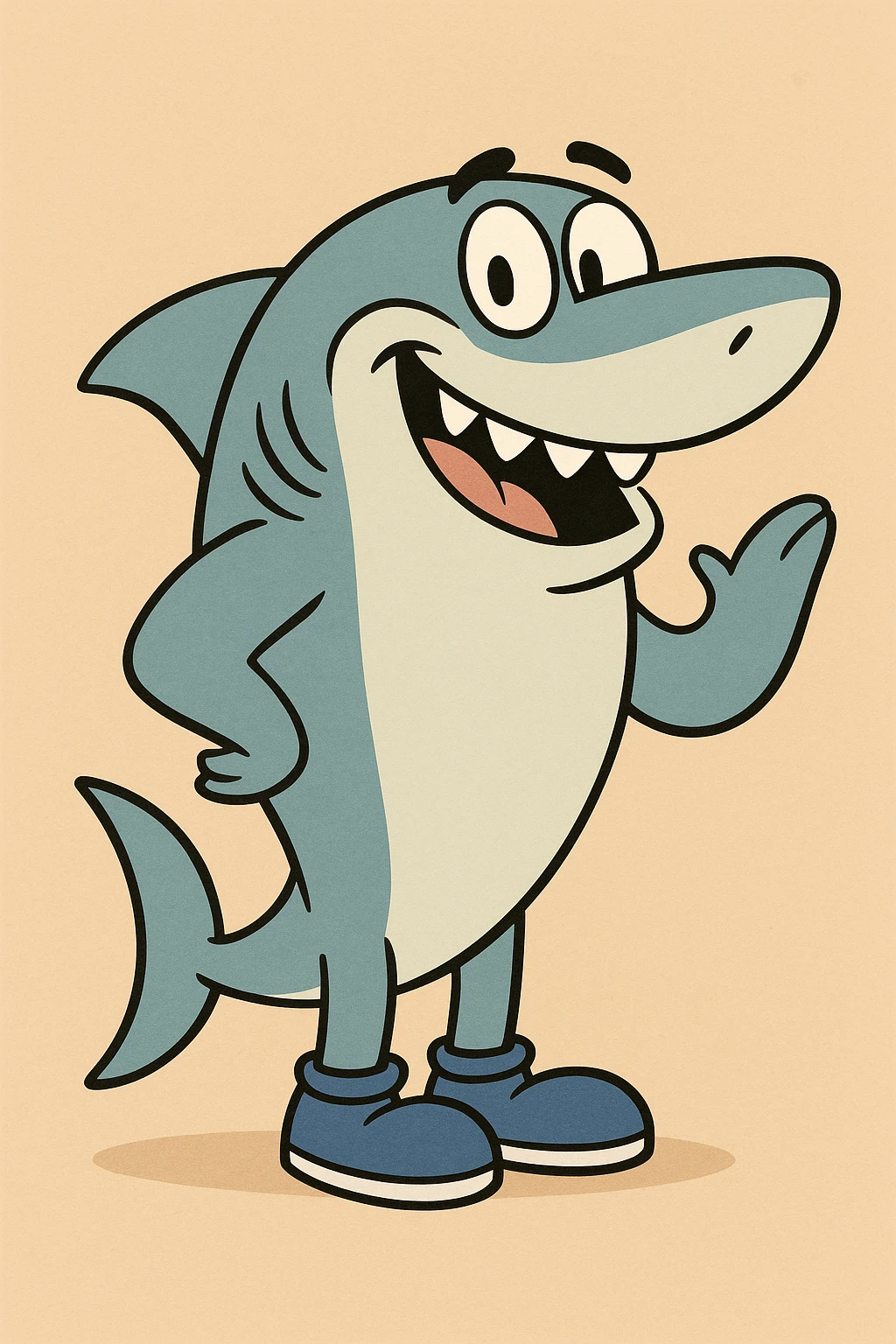 friendly shark character with blue shoes, classic animated style, not chibi emoji