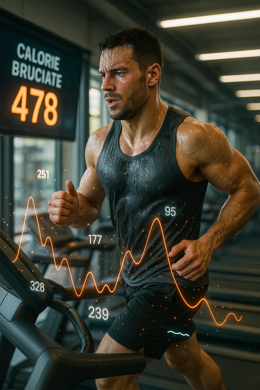 Uomo atletico su tapis roulant in palestra, visibilmente sudato, in piena corsa. Sullo sfondo uno schermo digitale che mostra 'Calorie bruciate: 478'. Intorno al corpo dell’uomo si vedono numeri fluttuanti e grafici energetici, come se si stessero misurando in tempo reale le calorie consumate. Atmosfera dinamica, luce intensa da palestra, sensazione di movimento e impegno. IN ITALIANO emoji