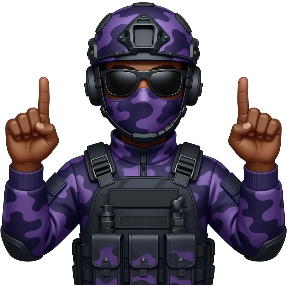 Black Man in large black sungoggles dark purple camoflage tactical gear helmet mask with both middle fingers emoji
