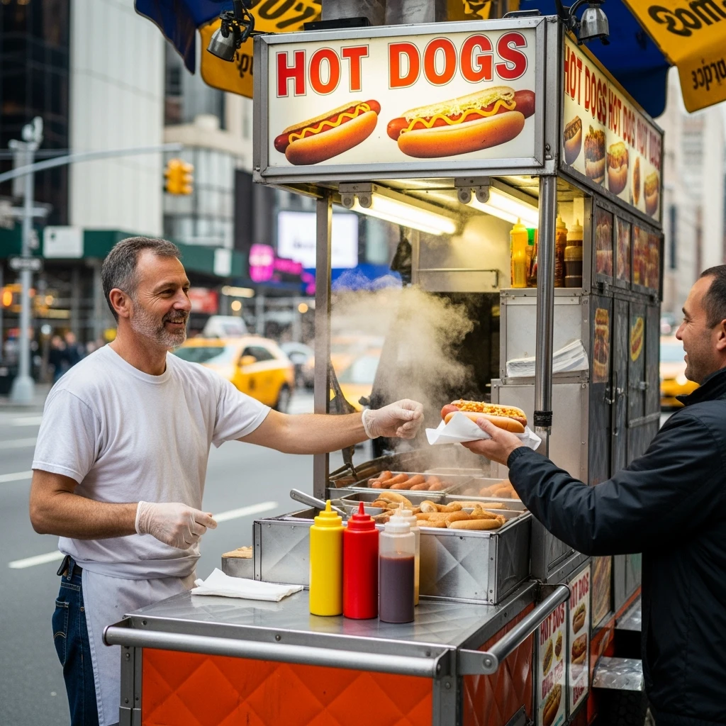 hotdog seller in New York with cart emoji