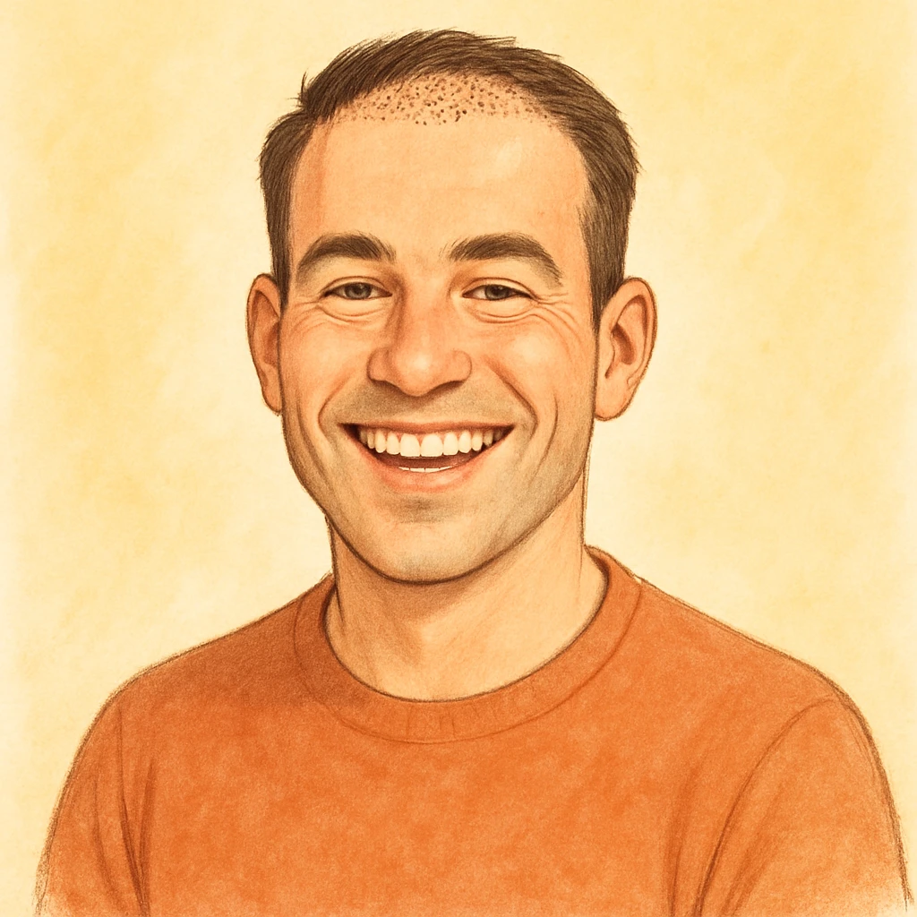 a cheerful man with restored hair, beaming with happiness and confidence after a hair transplant, soft friendly style emoji