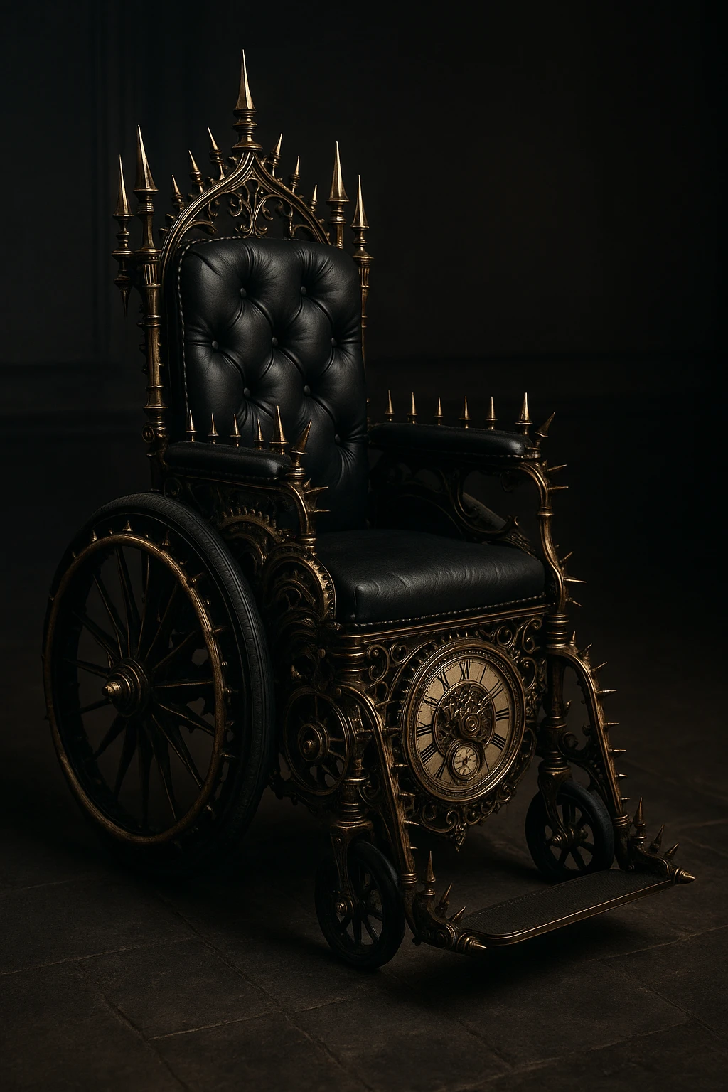 gothic steampunk wheelchair, intricate clockwork, black leather, spiked accents, vintage style emoji
